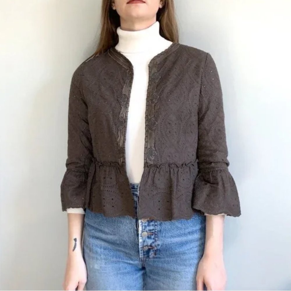 ELIE TAHARI gray brown taupe embroidered lace peplum Sirena jacket